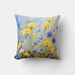 Light Blue Meadow with Delicate Wildflowers Throw Pillow