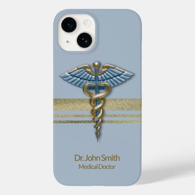 Light Blue Medical Caduceus Faux Gold Foil Stripes Case-Mate iPhone Case (Back)