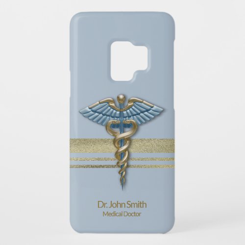 Light Blue Medical Caduceus Faux Gold Foil Stripes Case_Mate Samsung Galaxy S9 Case