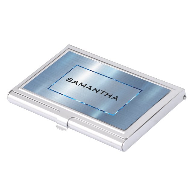 Light Blue Metallic Texture Stainless Steel Look Business Card Case (Front)