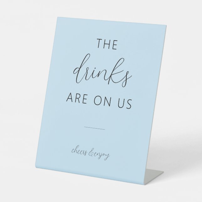 Light Blue Minimal Wedding Open Bar Pedestal Sign (Front)