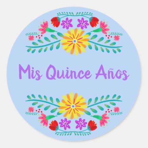 Light Blue Mis Quince Anos Mexican Fiesta Floral Classic Round Sticker