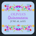 Light Blue Mis Quince Anos Mexican Fiesta Flowers Square Sticker<br><div class="desc">Custom blue and purple Mis Quince Años favor stickers on handy sticker sheets for your invitation envelope seals, favor bags, gift wrap and party decorations. The template is set up ready for you to add your name and the date of your birthday or your quinceanera celebration. This fun and colorful...</div>
