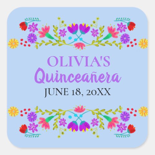 Light Blue Mis Quince Anos Mexican Fiesta Flowers Square Sticker