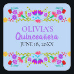 Light Blue Mis Quince Anos Mexican Fiesta Flowers Square Sticker<br><div class="desc">Custom blue and purple Mis Quince Años favor stickers on handy sticker sheets for your invitation envelope seals, favor bags, gift wrap and party decorations. The template is set up ready for you to add your name and the date of your birthday or your quinceanera celebration. This fun and colorful...</div>