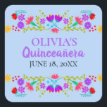 Light Blue Mis Quince Anos Mexican Fiesta Flowers Square Sticker<br><div class="desc">Custom blue and purple Mis Quince Años favor stickers on handy sticker sheets for your invitation envelope seals, favor bags, gift wrap and party decorations. The template is set up ready for you to add your name and the date of your birthday or your quinceanera celebration. This fun and colorful...</div>