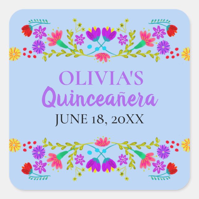 Light Blue Mis Quince Anos Mexican Fiesta Flowers Square Sticker (Front)