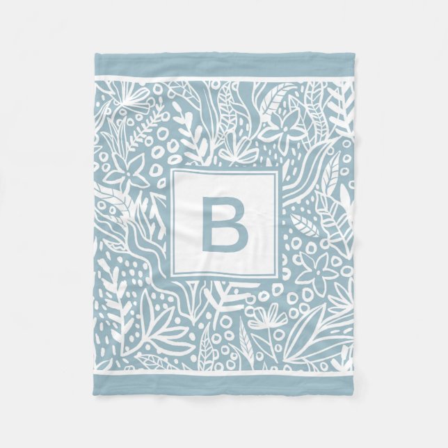 Light Blue Modern Botanical Pattern Monogram Fleece Blanket (Front)