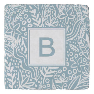 Light Blue Modern Botanical Pattern Monogram Trivet