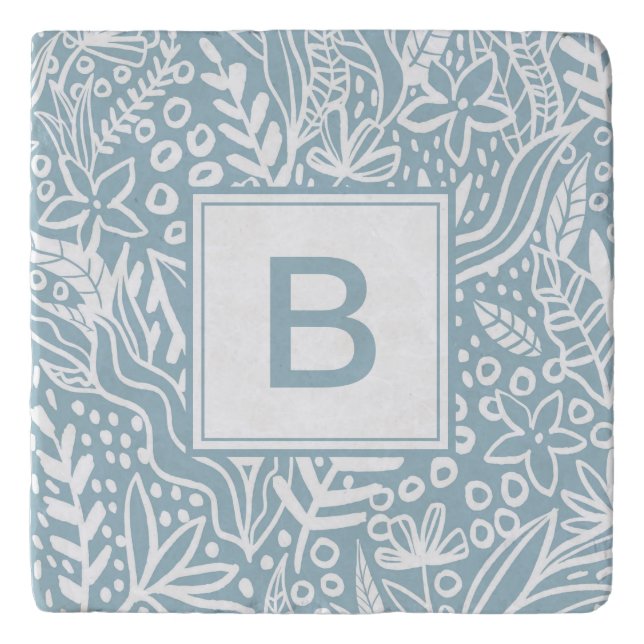 Light Blue Modern Botanical Pattern Monogram Trivet (Front)