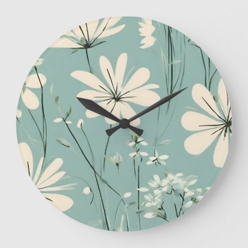 Light Blue Modern Groovy Daisy Flowers Large Clock