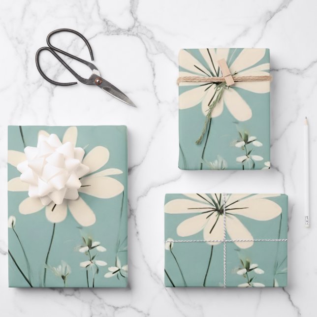 Light Blue Modern Groovy Daisy Flowers Wrapping Paper Sheets (Front)