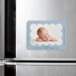 Light Blue Modern Scalloped Birth Announcement Magnet<br><div class="desc">Modern birth announcement magnet featuring your baby's photo nestled inside of a light blue scalloped frame. Personalize the light blue birth announcement magnet by adding your baby's name and additional information in navy lettering.</div>