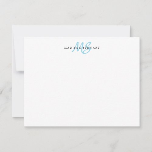 Light Blue Modern Stylish Brush Script Monogram Note Card