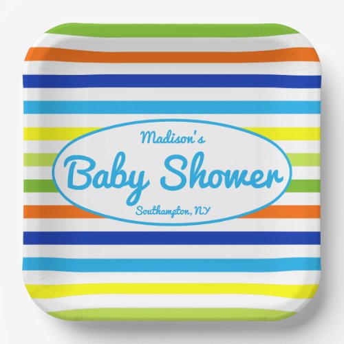 Light Blue Modern Summer Stripes Baby Shower Paper Plates