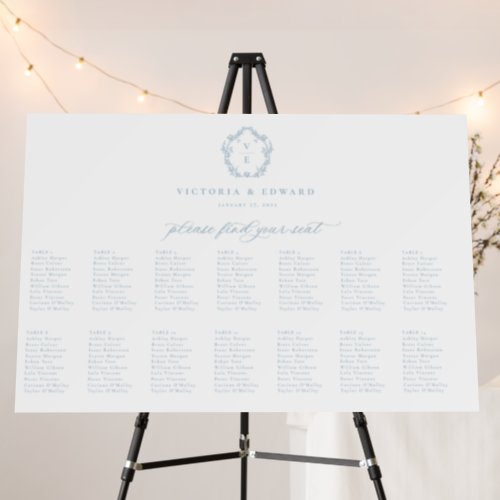 Light Blue Monogram Crest Wedding Seating Chart Foam Board
