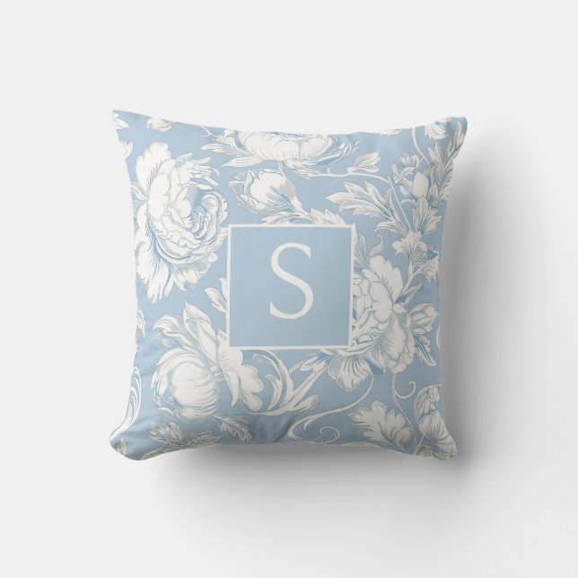 Light Blue Monogram Floral Chinoiserie Throw Pillow (Front)