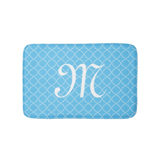Light blue monogram quatrefoil pattern bath mat (Front)