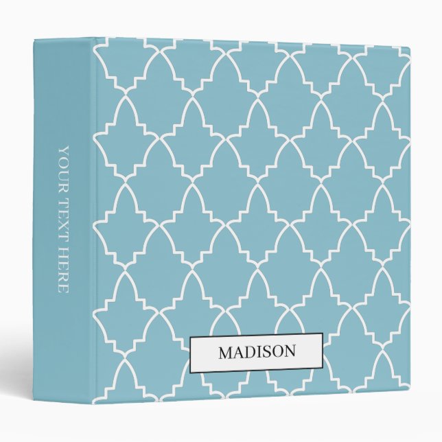 Light Blue Moroccan Lattice Pattern 3 Ring Binder (Front/Spine)