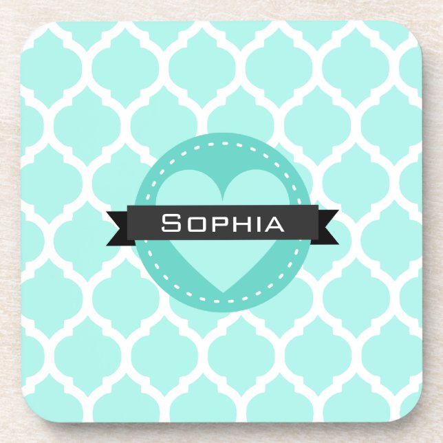 Light Blue Moroccan Lattice Pattern Beverage Coaster (Front)