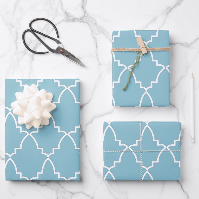Light Blue Moroccan Lattice Pattern Wrapping Paper Sheets (Front)