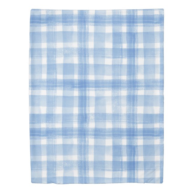 Light Blue n White Watercolor Gingham Checkered Duvet Cover (Front)