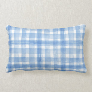 Light Blue n White Watercolor Gingham Checkered Lumbar Pillow