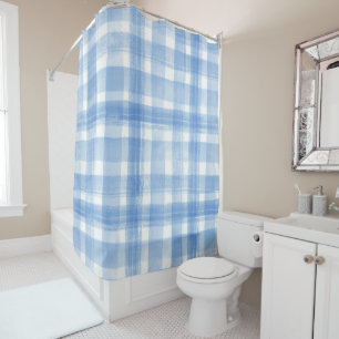 Light Blue n White Watercolor Gingham Checkered Shower Curtain