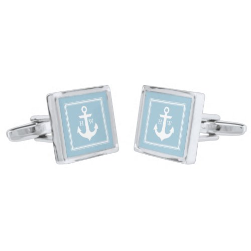 Light Blue Nautical Anchor and Framed Monogram Silver Cufflinks