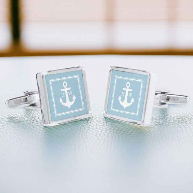 Light Blue Nautical Anchor and Framed Monogram Silver Cufflinks (Creator Uploaded)