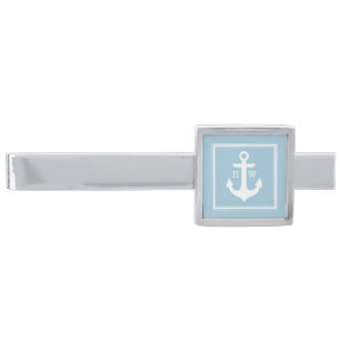 Light Blue Nautical Anchor Framed Monogram Silver Finish Tie Clip