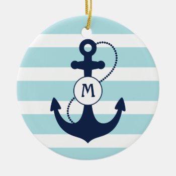 Light Blue Nautical Anchor Monogram Ceramic Ornament by snowfinch at Zazzle