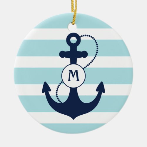 Light Blue Nautical Anchor Monogram Ceramic Ornament