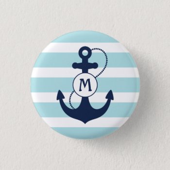 Light Blue Nautical Anchor Monogram Pinback Button by snowfinch at Zazzle