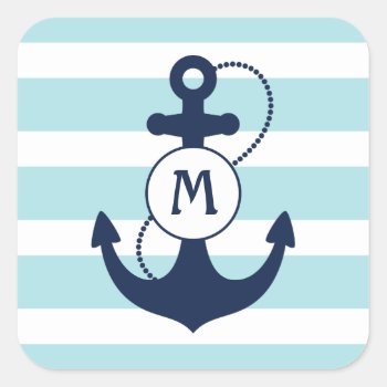 Light Blue Nautical Anchor Monogram Square Sticker by snowfinch at Zazzle