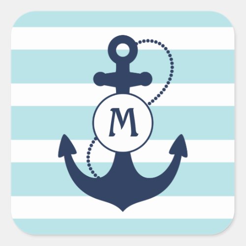 Light Blue Nautical Anchor Monogram Square Sticker