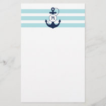 Light Blue Nautical Anchor with Monogram Stationery
