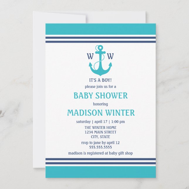 Light Blue Nautical Baby Shower Invitations (Front)