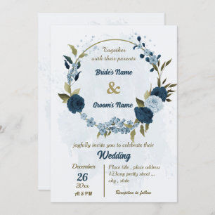 light blue navy blue flowers botanical wedding invitation