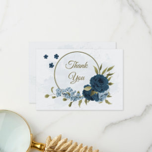 light blue navy blue flowers botanical wedding thank you card