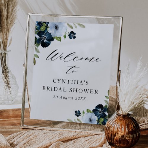 light blue navy floral bridal shower welcome sign
