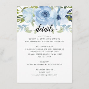 Light Blue Navy Floral Watercolor Wedding Details Enclosure Card