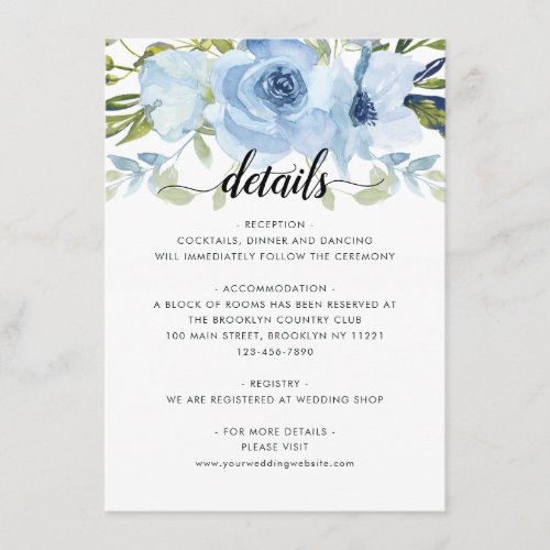 Light Blue Navy Floral Watercolor Wedding Details Enclosure Card