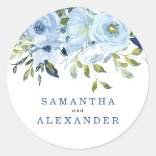 Light Blue Navy Floral Watercolor Wedding Names Classic Round Sticker