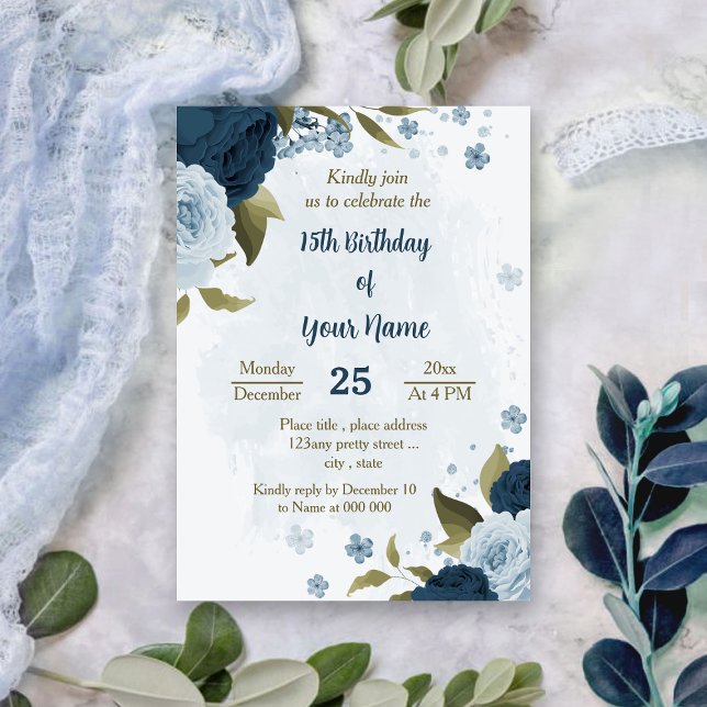 light blue navy flowers botanical birthday invitation (Creator Uploaded)