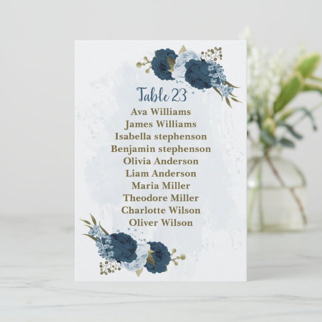 light blue navy flowers seating chart card (Standing Front)