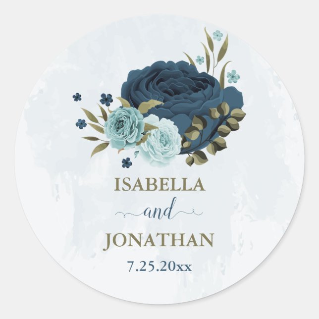 light blue navy flowers wedding classic round sticker (Front)