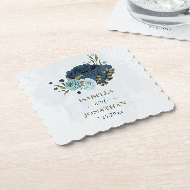 light blue navy flowers wedding paper coaster (Angled)