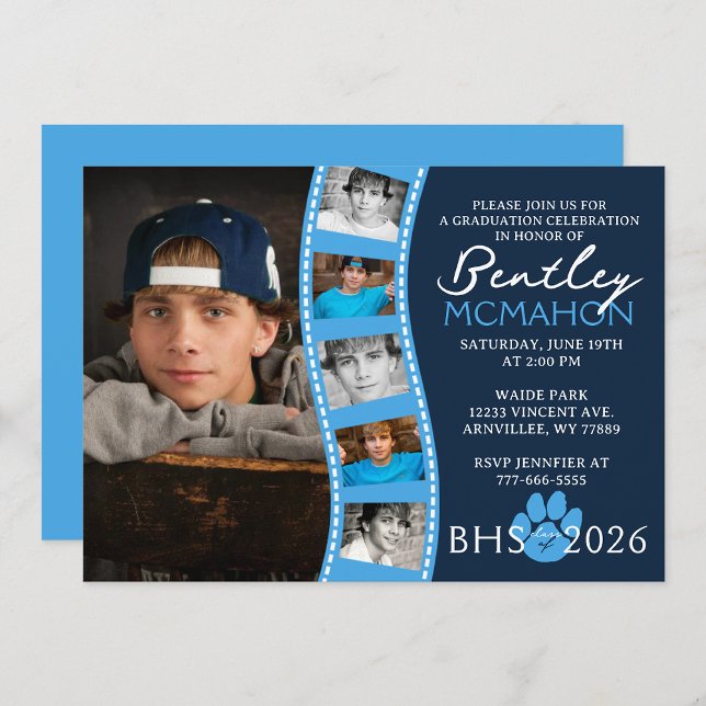 Light Blue & Navy Graduation 6 Photo Collage Invitation (Creator Uploaded)