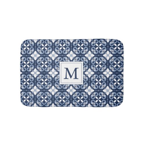 Light Blue  Navy Moroccan Floral Pattern Monogram Bath Mat